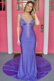 Elle | Beaded Satin Mermaid Prom Dress with V-Neck and Cross Back