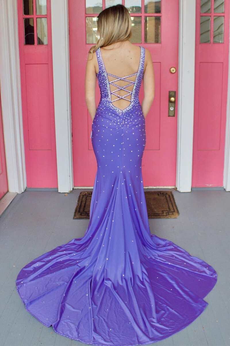 Elle | Beaded Satin Mermaid Prom Dress with V-Neck and Cross Back