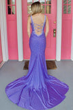 Elle | Beaded Satin Mermaid Prom Dress with V-Neck and Cross Back