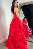 Juliana | Cute A-Line Sweetheart Red Chiffon Tiered Long Prom Dress with Slit