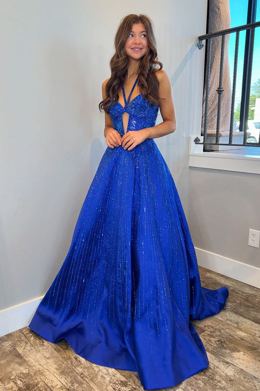 Cute A Line Keyhole V Neck Royal Blue Satin Prom Dresses with Beading