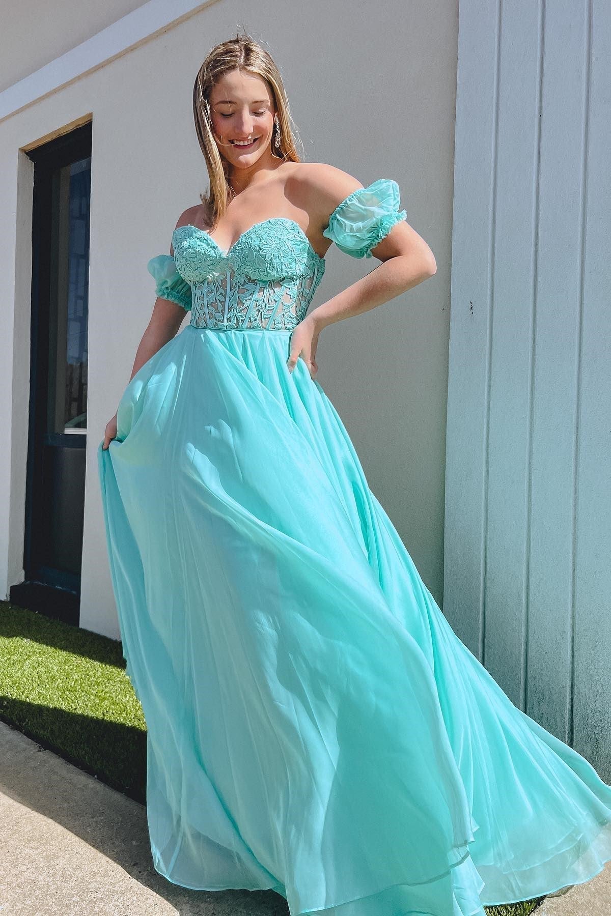 Rachel | A-Line Sweetheart Chiffon Prom Dress with Puff Sleeves