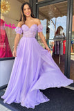 Rachel | A-Line Sweetheart Chiffon Prom Dress with Puff Sleeves