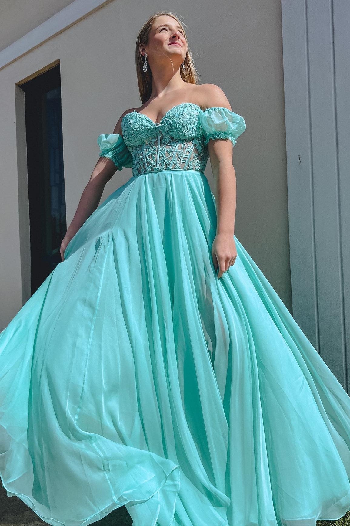 Rachel | A-Line Sweetheart Chiffon Prom Dress with Puff Sleeves