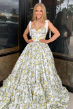 A-Line Sweetheart Floral Printed Satin Long Prom Dresses