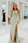 Selene | Cute Mermaid V-Neck Sage Green Satin Long Prom Dress with Appliques