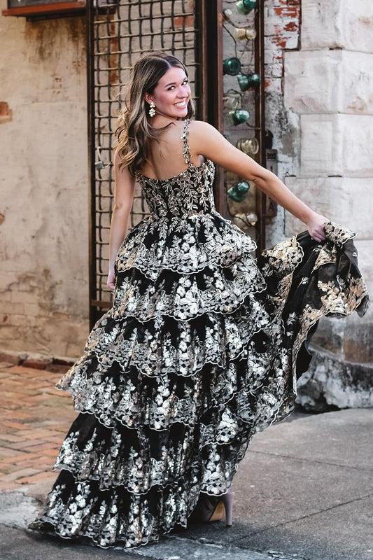 Ophelia | Black and Gold Sequin Sweetheart Ball Gown Prom Dress with Slit