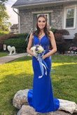 Charming Mermaid Sweetheart Royal Blue Satin Long Prom Dresses with Beading