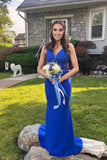 Charming Mermaid Sweetheart Royal Blue Satin Long Prom Dresses with Beading