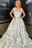 A-Line Sweetheart Floral Printed Satin Long Prom Dresses