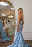 Charming Mermaid Scoop Neck Light Blue Satin Prom Dresses with Appliques