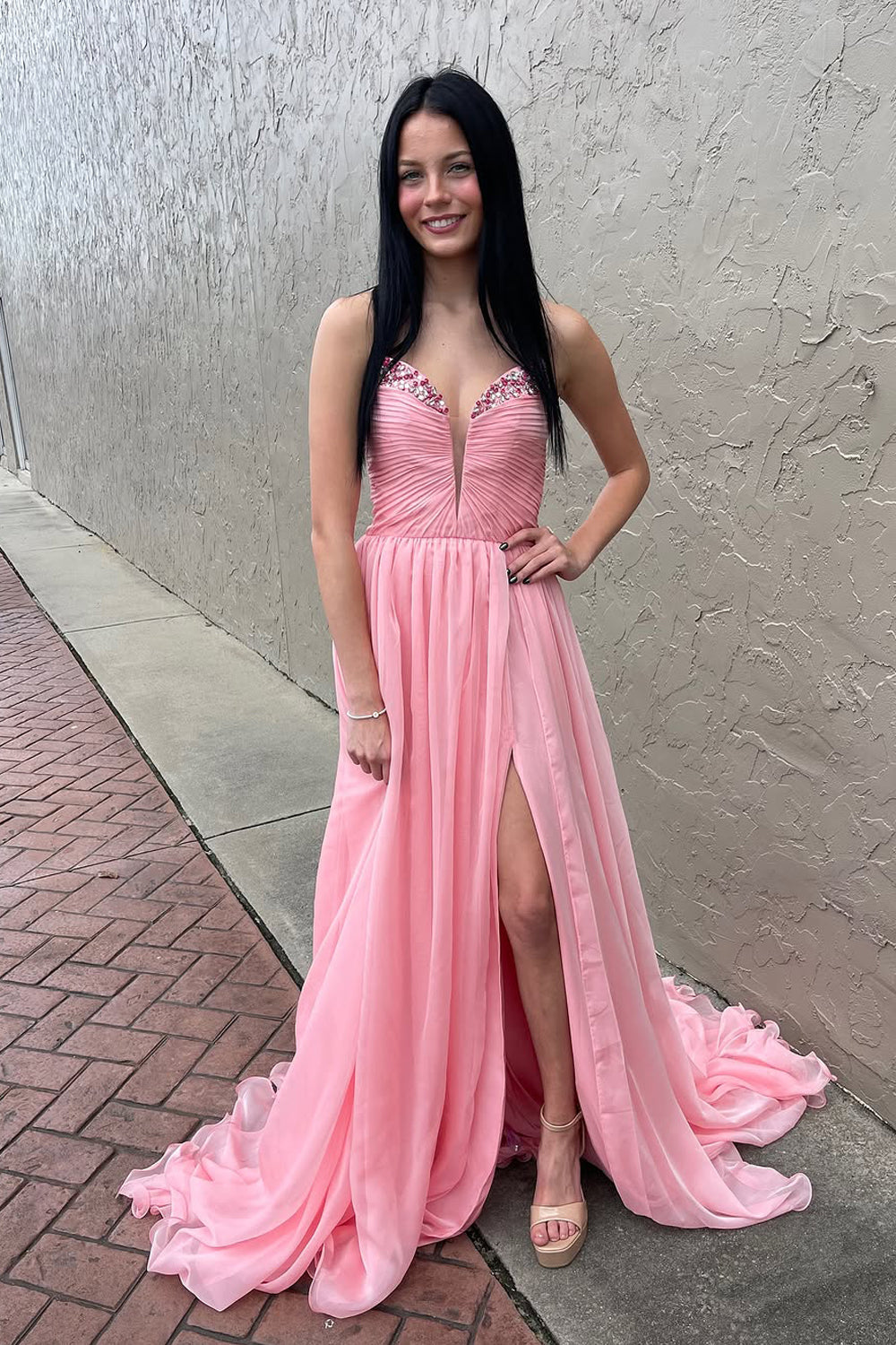 Cute Mermaid V Neck Pink Chiffon Long Prom Dresses with Beading