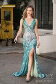 Seraphina | Romantic Blue and Green Sequins Mermaid Scalloped Neck Prom Dress with Slit and Appliques JB121219