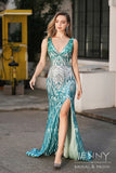 Seraphina | Romantic Blue and Green Sequins Mermaid Scalloped Neck Prom Dress with Slit and Appliques JB121219