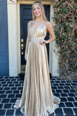 Barbara | Gold Pleated Plunging V-Neck Long Prom Dress