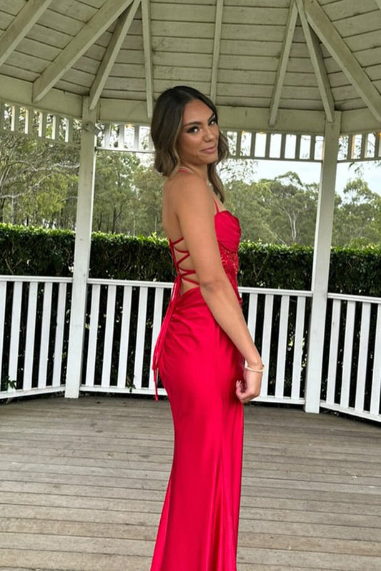 Scarlett | Charming Mermaid Sweetheart Red Satin Long Prom Dress with Appliques