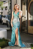 Seraphina | Romantic Blue and Green Sequins Mermaid Scalloped Neck Prom Dress with Slit and Appliques JB121219