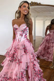 Flora | Cute A-Line Sweetheart Floral Printed Chiffon Long Prom Dress with Slit