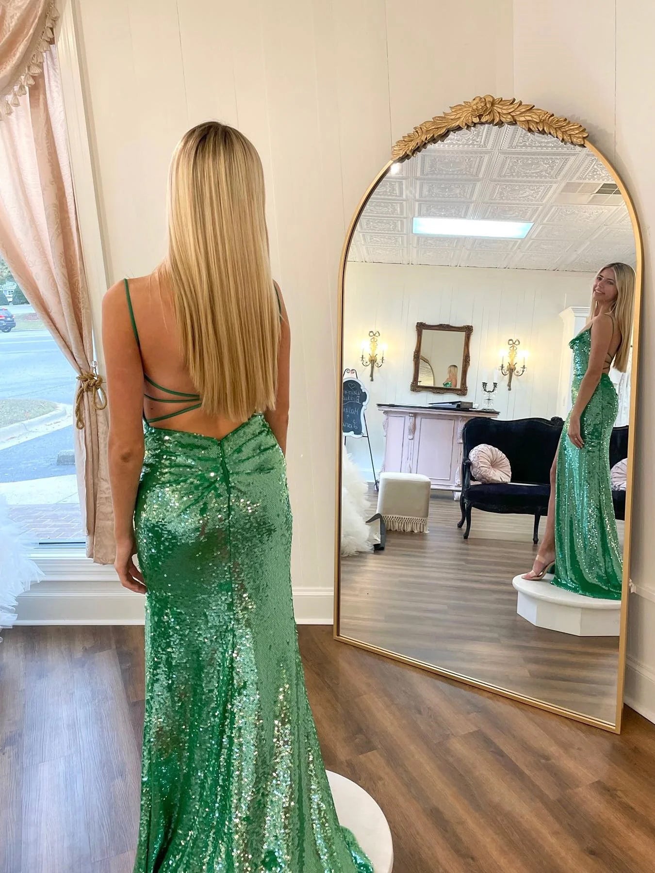 River | Chic Elegant Spaghetti Straps Long Prom Dress Sage Sequins Evening Gown with Slit