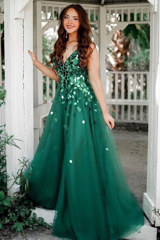 Shelly | Green A-Line V-Neck Long Prom Dress with Sequins