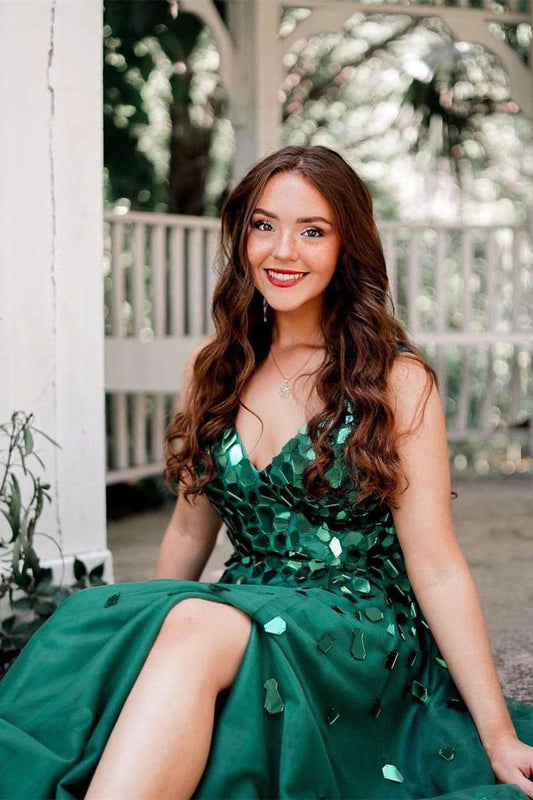 Shelly | Green A-Line V-Neck Long Prom Dress with Sequins