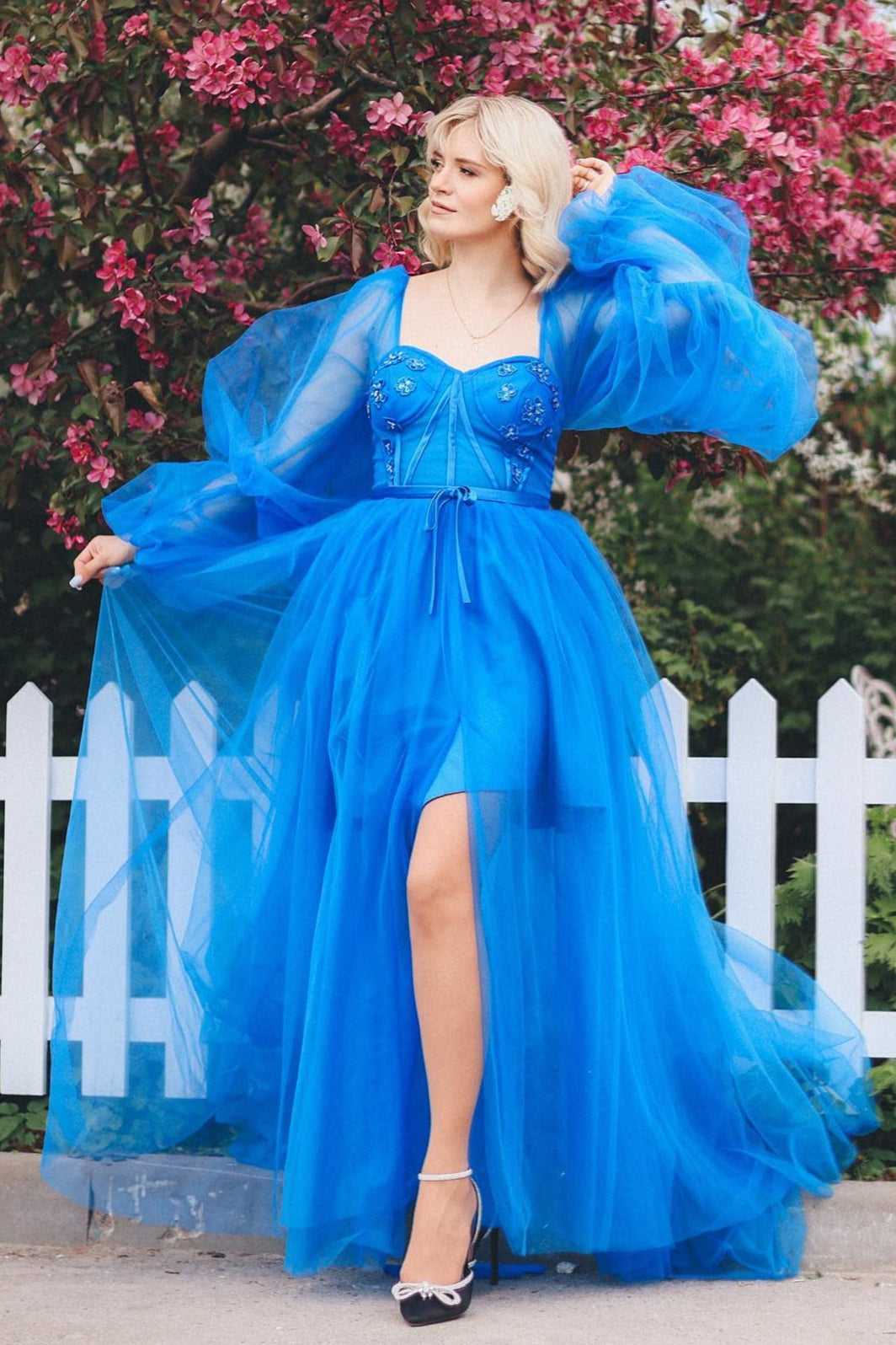 Adelynn | A-Line Satin Tulle Long Sleeve Prom Dress with Slit