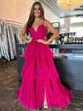 Amanda | Tiered Tulle A-Line Prom Dress with Spaghetti Straps and Slit