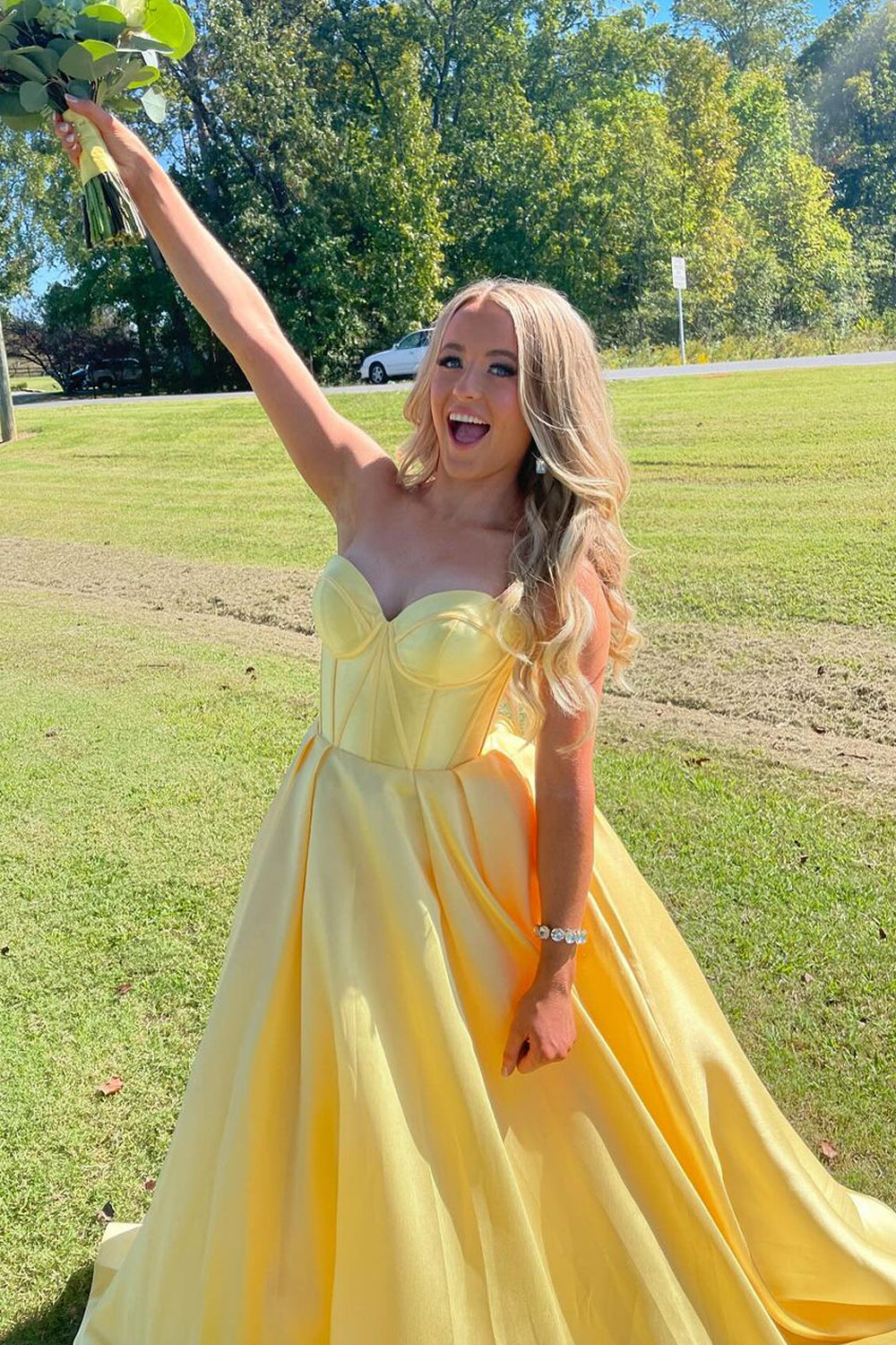 Elysia | Charming Ball Gown Sweetheart Yellow Satin Long Prom Dress with Appliques