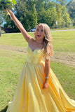 Elysia | Charming Ball Gown Sweetheart Yellow Satin Long Prom Dress with Appliques