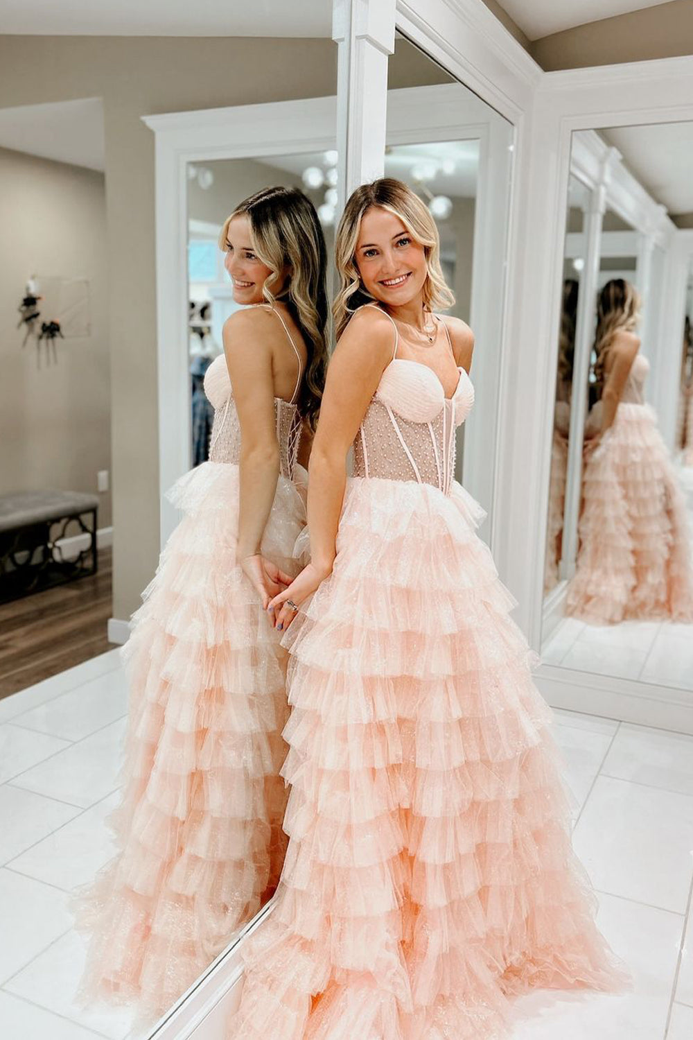 Cute A-Line Sweetheart Blush Sparkly Pink Tiered Tulle Long Prom Dress