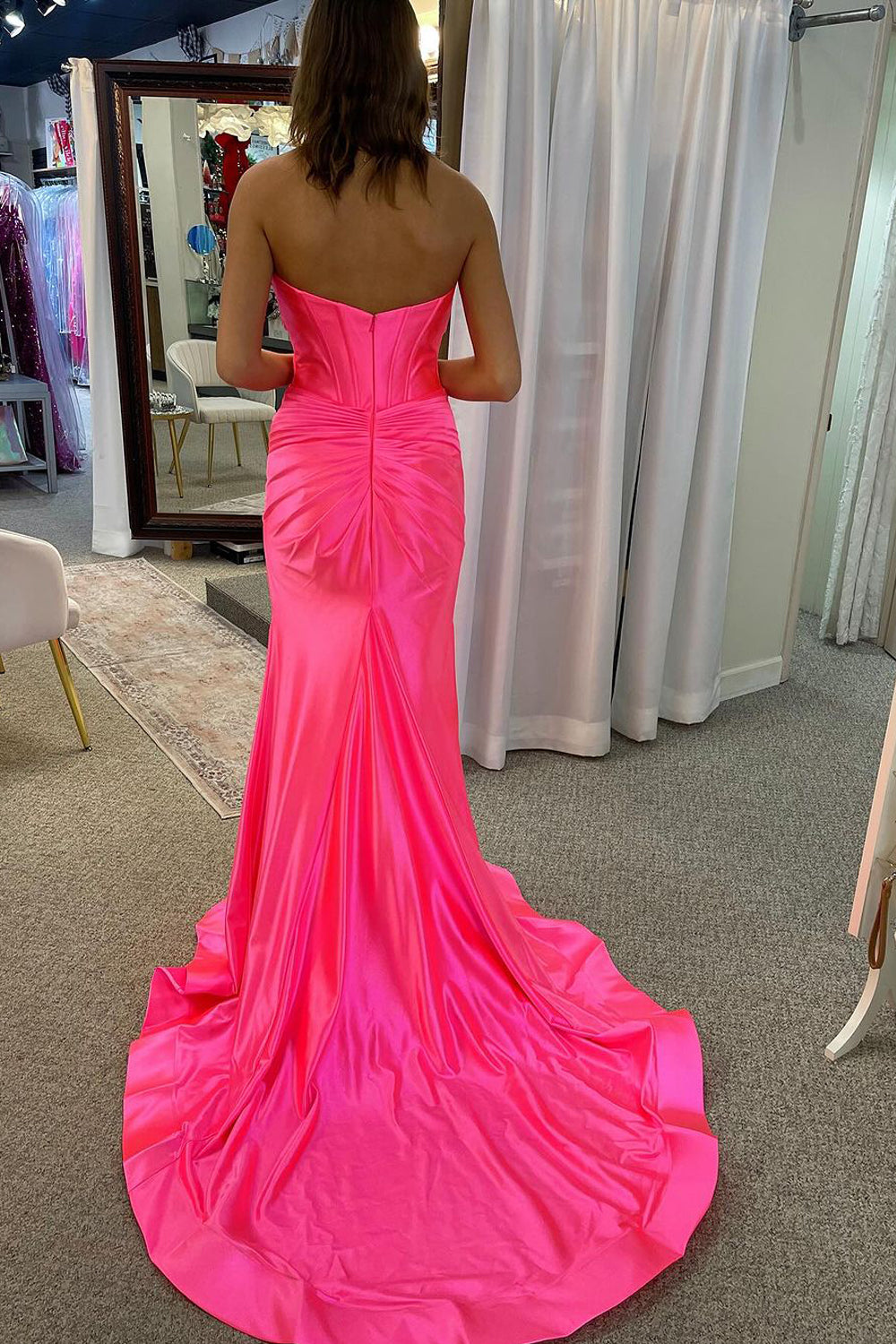 Charming Mermaid Sweetheart Pink Satin Long Prom Dress with Slit