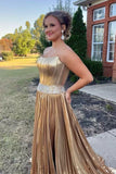 Aurora | Charming A-Line Scoop Neck Gold Satin Long Prom Dress with Beading