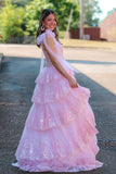 Seraphina | Fairy A-Line V-Neck Pink Tulle Long Prom Dress with Appliques