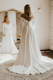 Simple A-Line Off-the-Shoulder Long Sleeve White Satin Wedding Dress