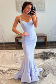 Light Lilac Halter Satin Mermaid Long Prom Dresses with Beading