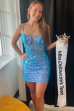 Skylar | Cute Bodycon V-Neck Blue Sequins Lace Short Homecoming Dress