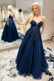 Avalynn | Navy Blue Floral Beaded Straps Plunging V-Neck Long Prom Dress