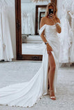 Elegant White Boho Mermaid Wedding Dress with Slit