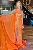 Sparkly Mermaid One Shoulder Orange Sequins Long Prom Dresses with Slit