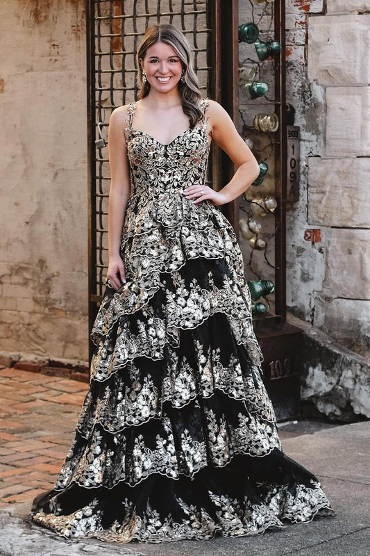 Ophelia | Black and Gold Sequin Sweetheart Ball Gown Prom Dress with Slit