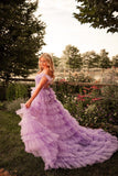 Fairy A Line Off the Shoulder Lilac Tiered Tulle Slit Prom Dresses AB24111810