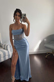 Ariana | Charming Mermaid Straps Light Blue Satin Long Prom Dress with Slit