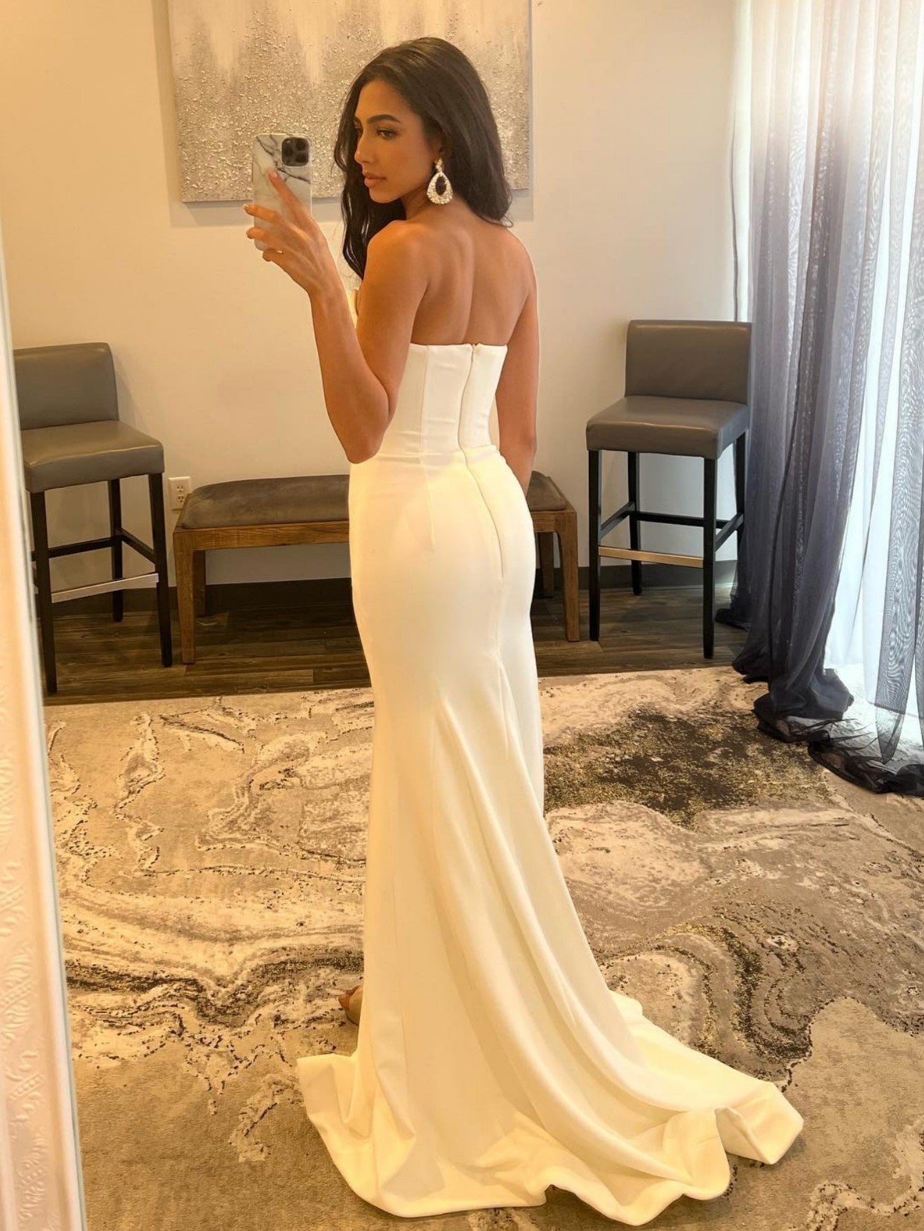 Sophisticated White Strapless V-Neck Long Prom Dress with Slit