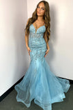 Celeste | Cute Mermaid V-Neck Light Blue Beading Prom Dress with Appliques