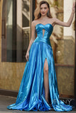 Selene | Romantic Blue A-Line Satin Strapless Sweetheart Neck Prom Dress with Slit JB121103