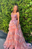 Cute A Line V Neck Blush Sequins Long Prom Dresses with Appliques