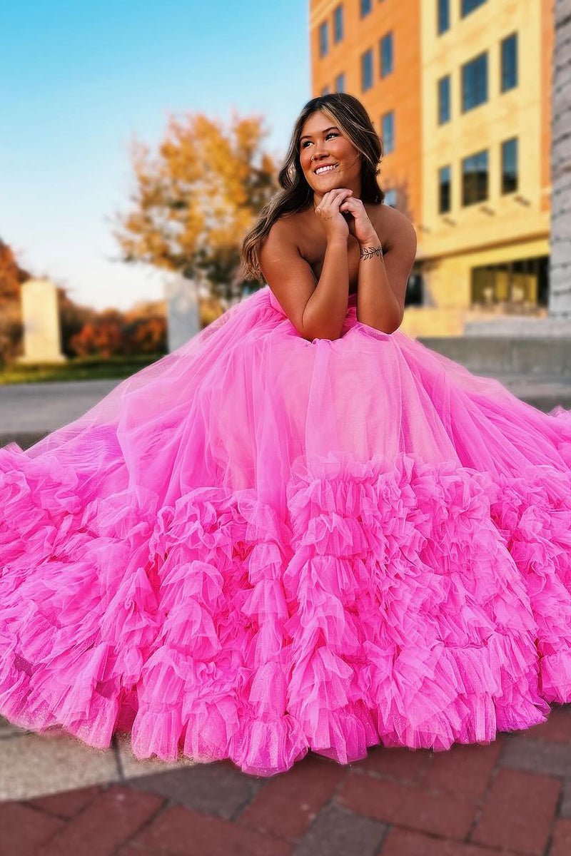 Rachael | Pink Long Prom Dress with Sweetheart Neckline and Tiered Tulle Skirt