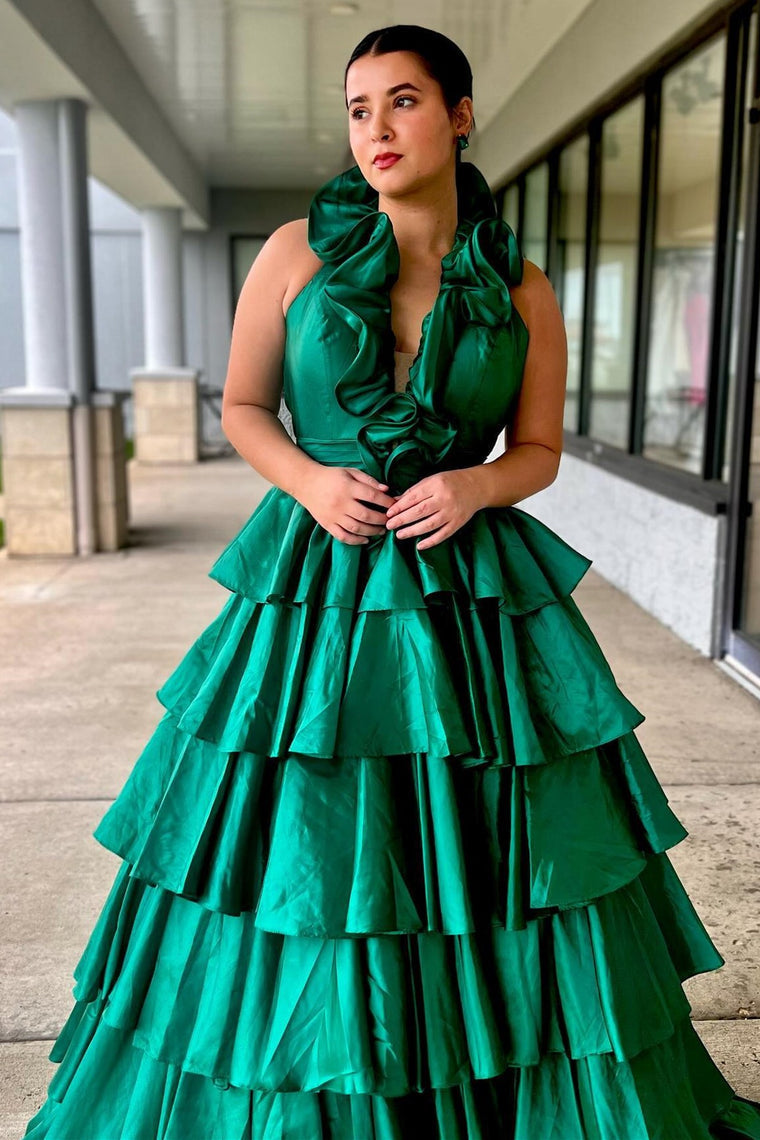 Flora | Radiant Halter Red Ruffle Tiered A-Line Prom Dress