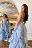 Blue Strapless Ruffle Tulle A-Line Long Prom Dresses with Slit