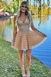 Cute Champagne A-Line Halter Tulle Short Homecoming Dress with Appliques